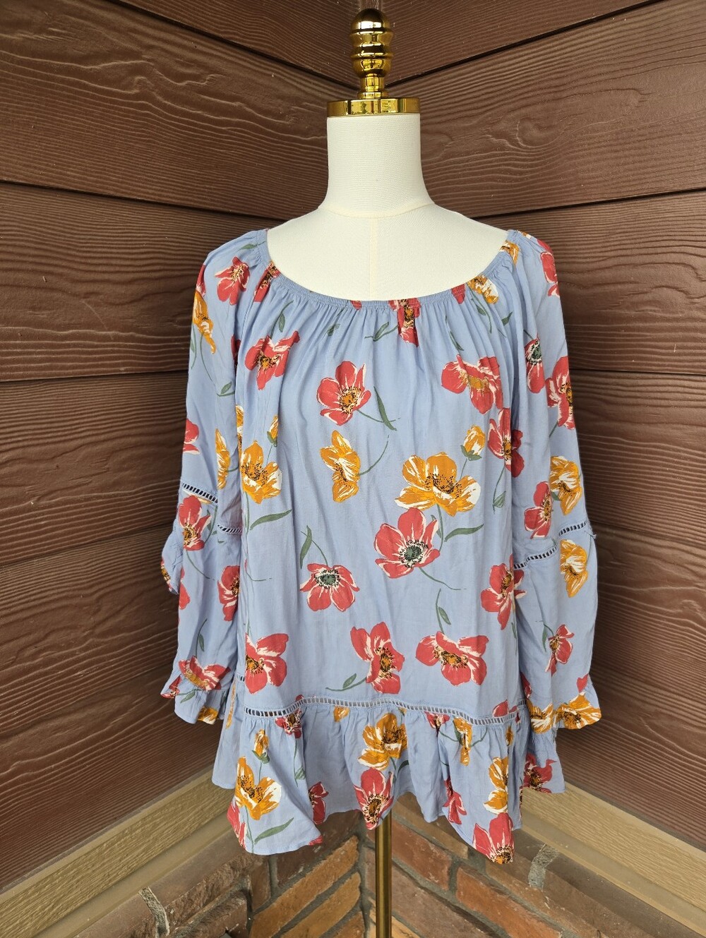 Fever Light Blue Floral Peasant Tunic with Coral and Gold Blooms
